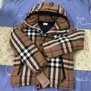 BURBERRY Brown Check Hooded Down Jacket